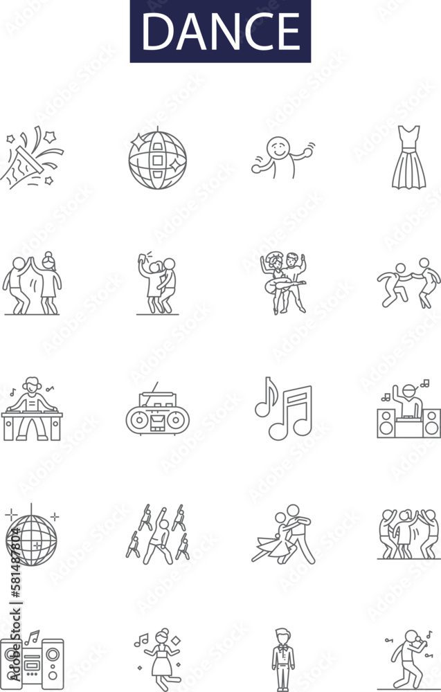 Dance line vector icons and signs. Waltz, Cha-cha, Salsa, Jazz, Tap, Bollywood, Mambo, Boogie outline vector illustration set