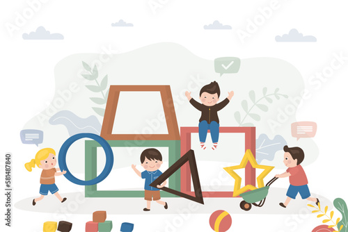 Multiethnic children playing geometric shapes. Cute students learning, back to school. Preschoolers learn shapes, math lessons. Elementary education, kindergarten education.