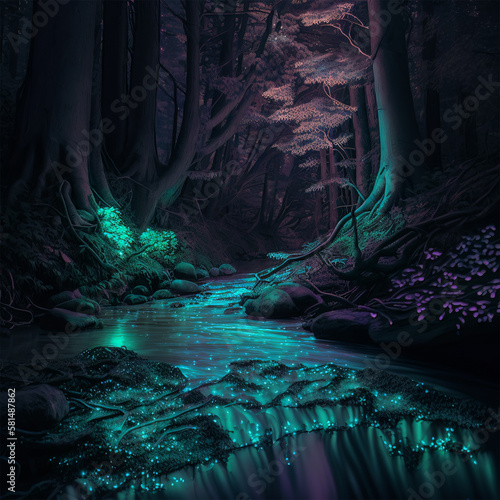 Glowing river in beautiful forest