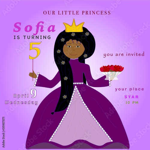 Kids birthday party invitation card with cute dark skin little princess with long black hair in purple dress and flowers on a light purple background. Editable vector illustration with sample text