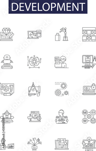 Development line vector icons and signs. Evolution, Advancement, Expansion, Enhancement, Progress, Augmentation, Increase, Increase outline vector illustration set