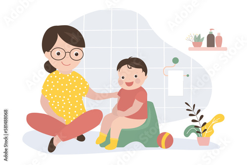 Mother starts toilet training son. Small caucasian child sits on potty, cute baby pees and poops. Cartoon little boy sitting on toilet. Kid character, infant in lavatory.
