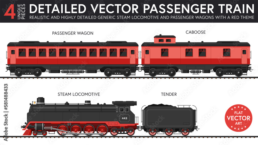 Vektorová grafika „Highly detailed flat vector illustration of a set of generic passenger train