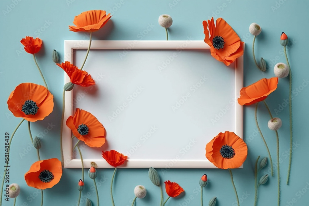 Obraz premium Blank frame with poppy flowers. Generative ai.