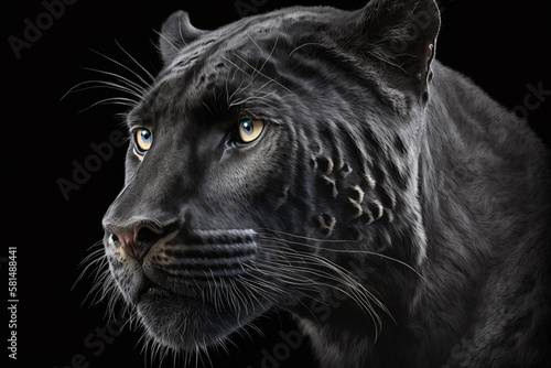 Black panther portrait on black background. Generative ai.