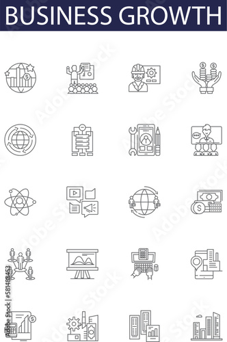 Business growth line vector icons and signs. Profiting, Expanding, Developing, Thriving, Succeeding, Growing, Optimizing, Enhancing outline vector illustration set photo