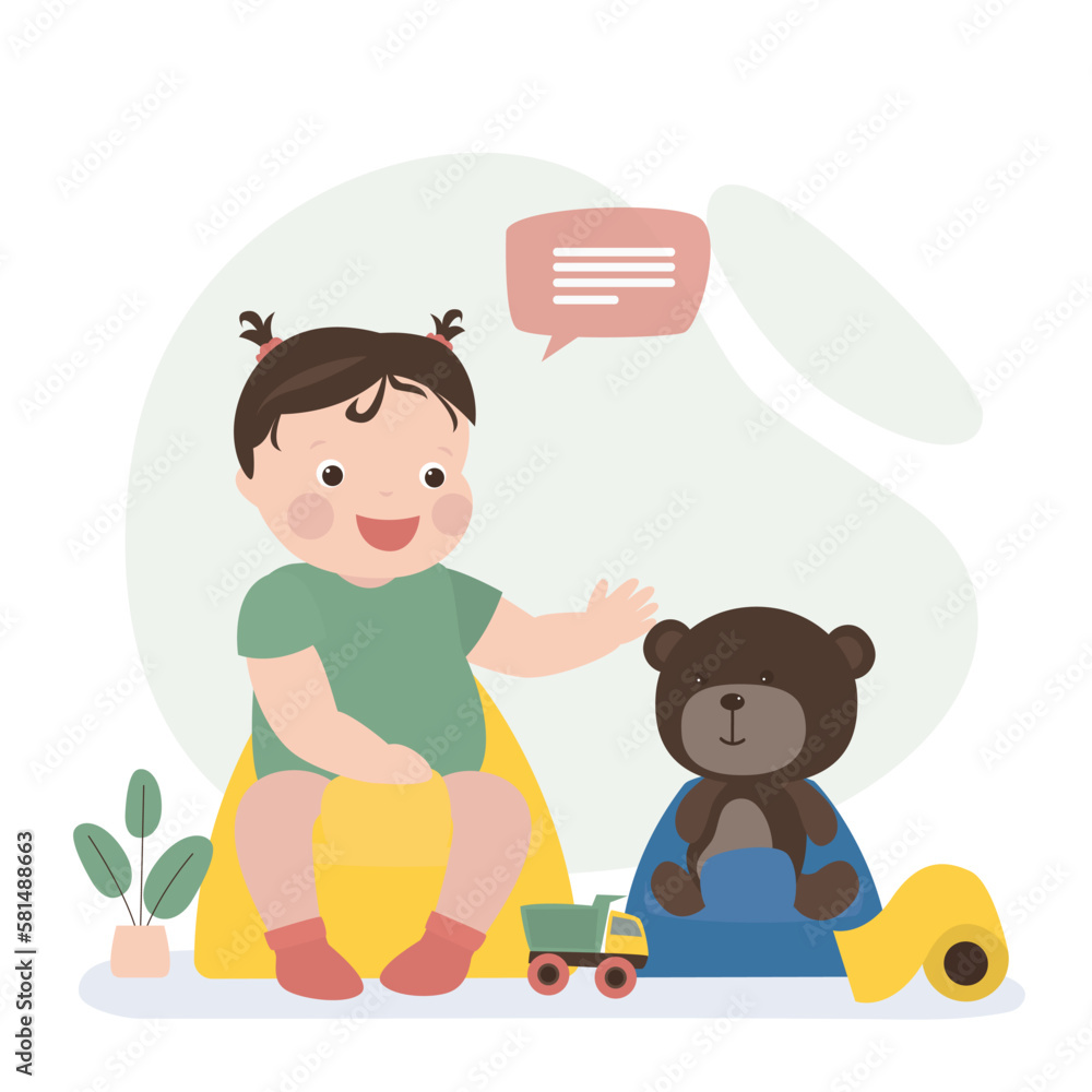 Small caucasian child sits on a potty and play with teddy bear. Cute baby pees and poops. Cartoon little girl sitting on the toilet. Kid character, infant in lavatory. Small caucasian child sits on a potty and play with teddy bear. Cute baby pees and poops. Cartoon little girl sitting on the toilet. Kid character, infant in lavatory.
