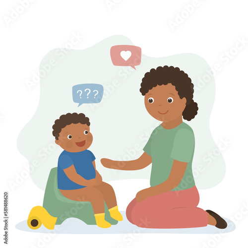 Mom starts toilet training son. Small african american child sits on potty, cute baby pees and poops. Cartoon little boy sitting on toilet. Kid character, infant in lavatory.