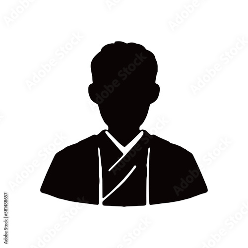 着物を着たジュニア男子のシルエットイラスト　黒