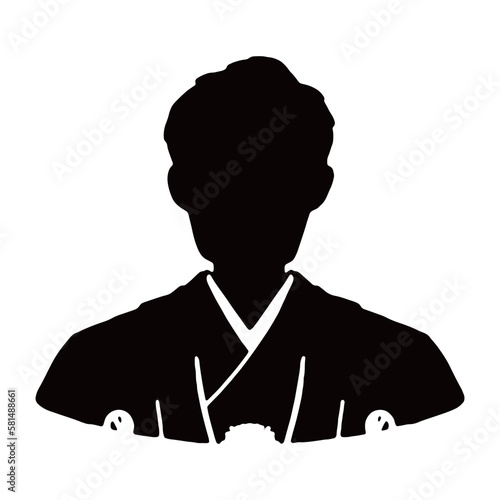 紋付きの着物を着た男性のシルエットイラスト　黒