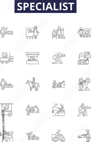 Specialist line vector icons and signs. Authority, Professional, Consultant, Advisor, Technician, Tactician, Guru, Maestro outline vector illustration set