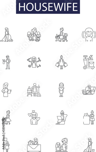 Housewife line vector icons and signs. Housekeeper, Domestic, Spouse, Parent, Family, Manager, Chef, Shopper outline vector illustration set photo