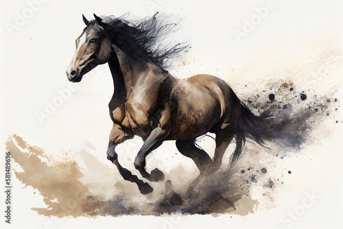 Watercolour abstract animal painting of an isolated brown horse running through dust and sand which could be used as a poster or flyer, computer Generative AI stock illustration image