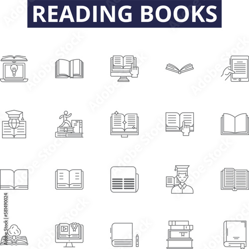 Reading books line vector icons and signs. Books, Novels, Literature, Stories, Texts, Magazines, Scripts, Non-Fiction outline vector illustration set photo