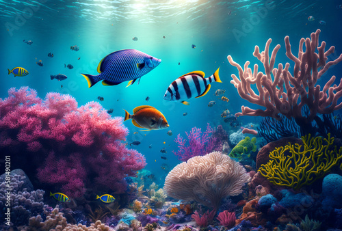 Underwater Scene With Coral Reef And Tropical Fishes Illustration, Generative AI