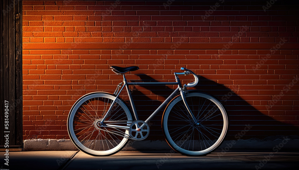 Modern Bicycle Leaning on Urban Brick Wall with Ample Negative Space for Text (created with Generative AI)
