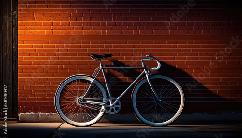 Modern Bicycle Leaning on Urban Brick Wall with Ample Negative Space for Text (created with Generative AI)
