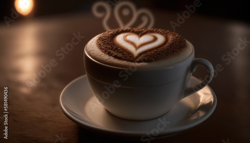 Heart-shaped Foam Art Cappuccino with Soft Café Setting and Space for Text (created with Generative AI)