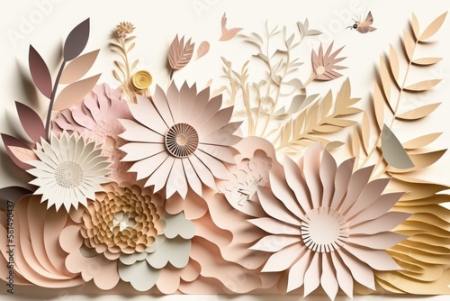 Paper art of origami flowers. Paper craft style
