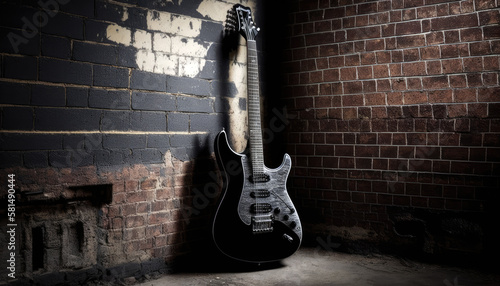 Black Electric Guitar Against Brick Wall with Dramatic Spotlight and Space for Text (created with Generative AI) © AstralAngel