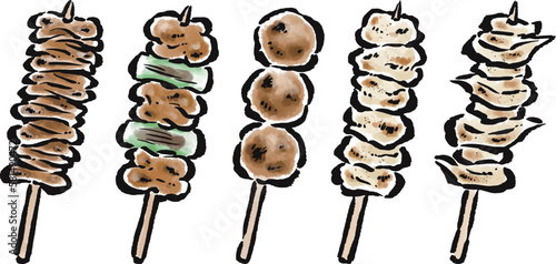 焼き鳥5本セット　皮・ねぎま・つくね・塩・軟骨　筆タッチ　ベクター
