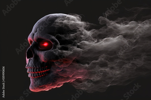 smoke skull with glowing red eyes on a black background