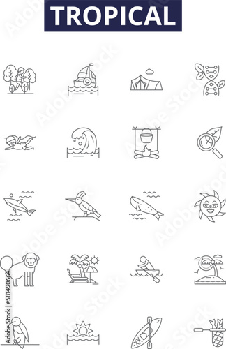Tropical line vector icons and signs. Paradise, Climate, Island, Palm, Rainforest, Humid, Sea, Exotic outline vector illustration set