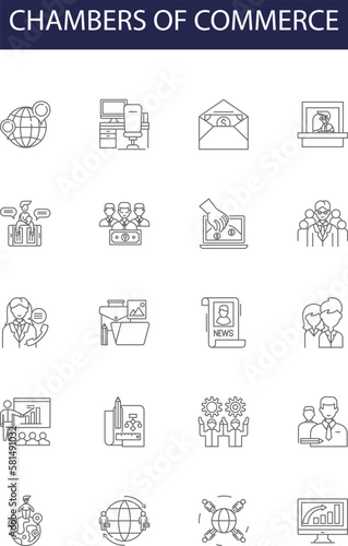 Chambers of commerce line vector icons and signs. Commerce, Business, Group, Network, Association, Organization, Trade, Local outline vector illustration set