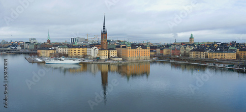 Panorama of the central part of Stockholm in the cloudy March afternoon