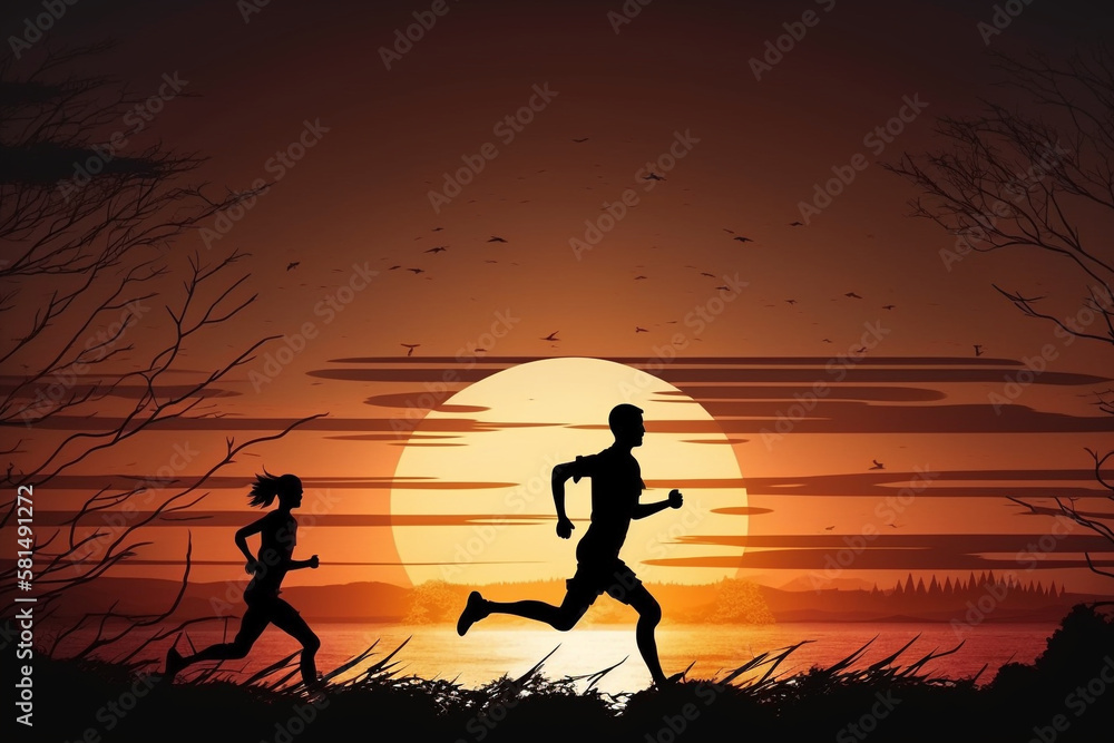 Silhouette illustration of an evening run, Generative AI	