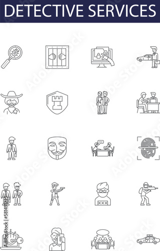 Detective services line vector icons and signs. Surveillance, Probing, Analyzing, Sleuthing, Inquiry, Espionage, Discreet, Detective outline vector illustration set