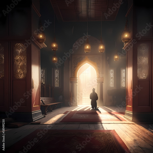 Praying At Mosque. Generative AI