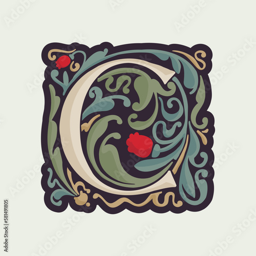 C letter illuminated initial with curve leaf ornament and tulips. Medieval dim colored fancy drop cap logo.