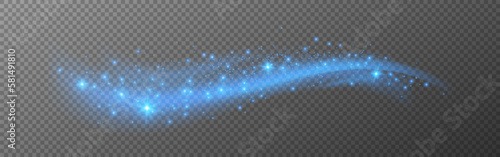 Glowing wave. Blue dynamic element with stardust. Luxury light concept. Fantasy glow on transparent background. Abstract sparkling trail. Vector illustration