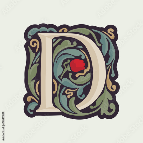 D letter illuminated initial with curve leaf ornament and tulips. Medieval dim colored fancy drop cap logo.
