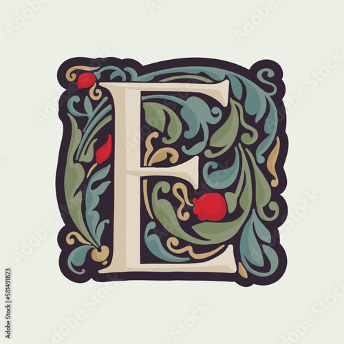 E letter illuminated initial with curve leaf ornament and tulips. Medieval dim colored fancy drop cap logo.