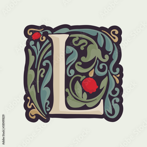L letter illuminated initial with curve leaf ornament and tulips. Medieval dim colored fancy drop cap logo.