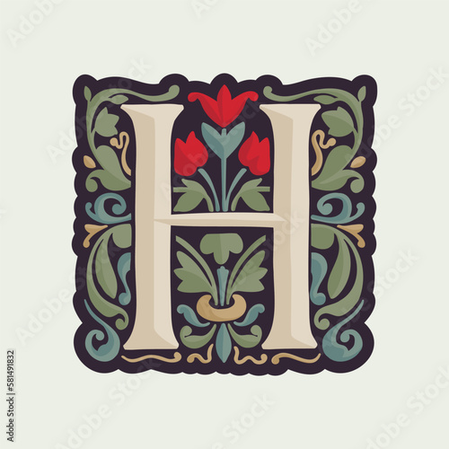 H letter illuminated initial with curve leaf ornament and tulips. Medieval dim colored fancy drop cap logo.