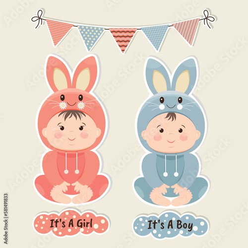 Kids. A girl and a boy in a bunny costume. Vector illustration