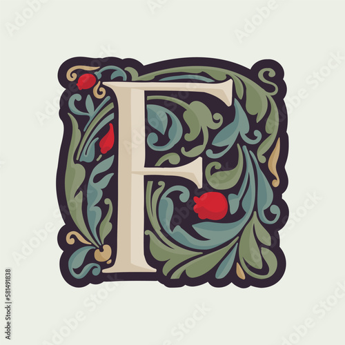 F letter illuminated initial with curve leaf ornament and tulips. Medieval dim colored fancy drop cap logo.