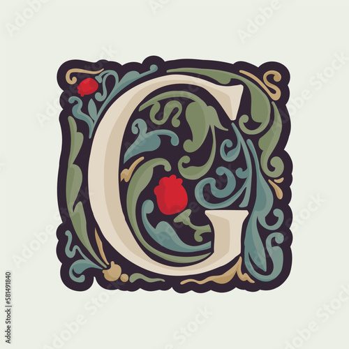 G letter illuminated initial with curve leaf ornament and tulips. Medieval dim colored fancy drop cap logo.