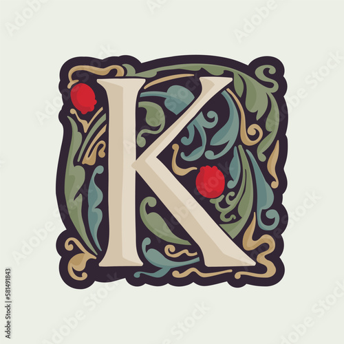 K letter illuminated initial with curve leaf ornament and tulips. Medieval dim colored fancy drop cap logo.