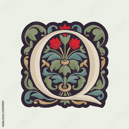 Q letter illuminated initial with curve leaf ornament and tulips. Medieval dim colored fancy drop cap logo.