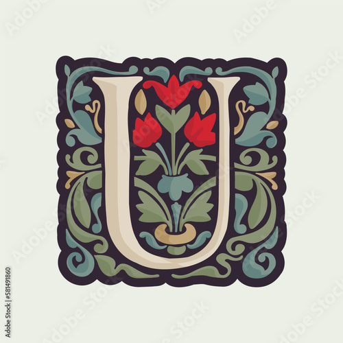 U letter illuminated initial with curve leaf ornament and tulips. Medieval dim colored fancy drop cap logo.
