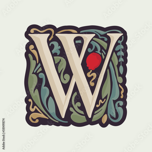 W letter illuminated initial with curve leaf ornament and tulips. Medieval dim colored fancy drop cap logo.