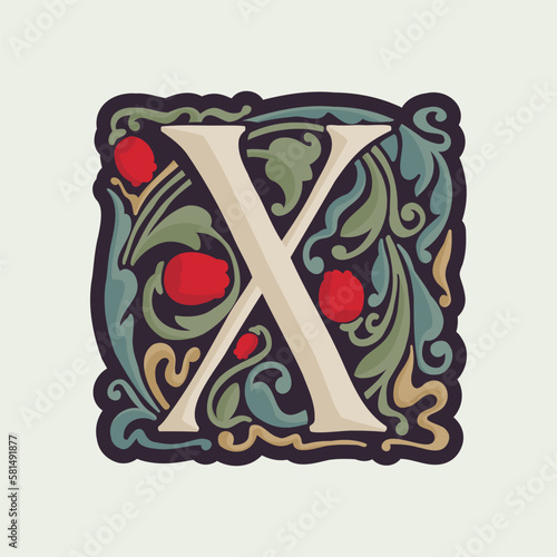 X letter illuminated initial with curve leaf ornament and tulips. Medieval dim colored fancy drop cap logo.