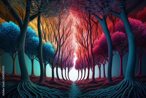 Fototapeta Naklejka Na Ścianę i Meble -  Forest filled with prismatic trees made from twisted fiber and paint brush tops, paint filled leaves to color the landscape with ease, supersurrealism art wihin nature at its most organic.