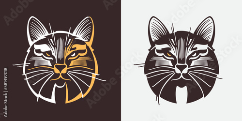 Cat or lynx head retro engraved emblem.