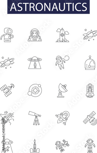 Astronautics line vector icons and signs. Astronautics, Orbital, Flight, Technology, Rockets, Propulsion, Spacecraft, Astronomy outline vector illustration set photo