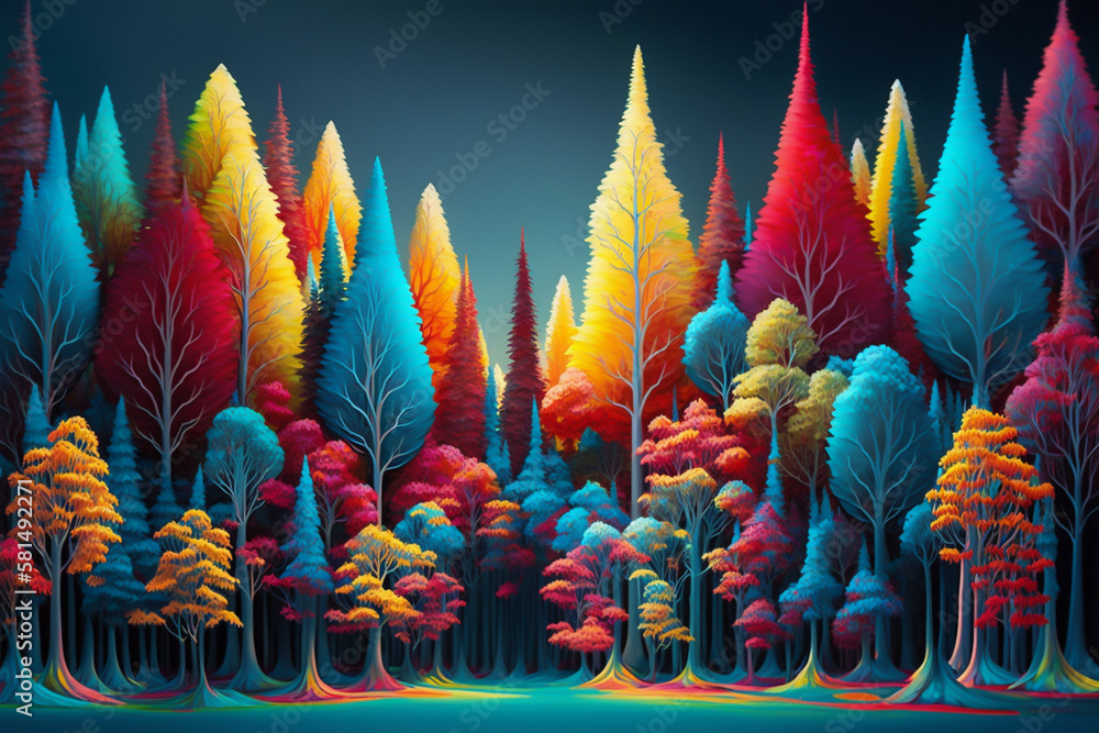 Forest filled with prismatic trees made from twisted fiber and paint brush tops, paint filled leaves to color the landscape with ease, supersurrealism art wihin nature at its most organic.